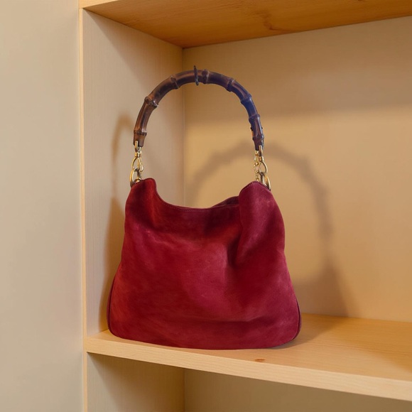 GUCCI | Rare Vintage 2-Way Bamboo Elegant Red Suede Hobo Handbag with Top Handle - Picture 1 of 7